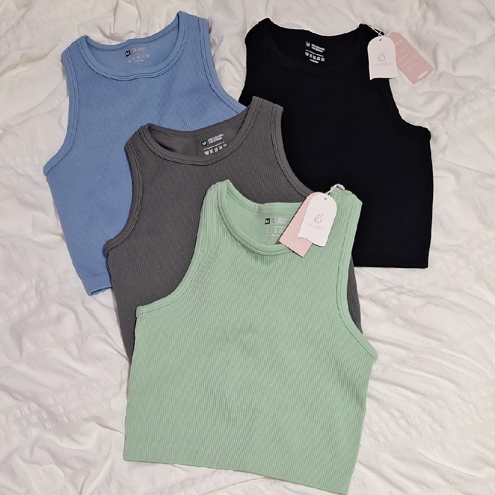 Bundle Of 6 Crop Ribbed Tank Tops - Blue, Gray, Green, Black, Beige, Lilac